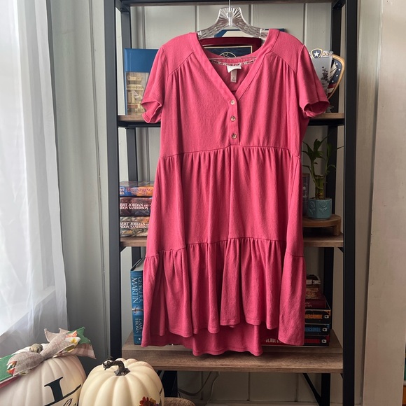 Knox Rose Coral Button-Front Tiered Mini Dress - Picture 2 of 5